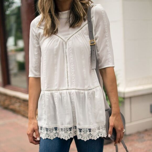 Anthropologie Leith White Lace High Neck Top with Eyelet Cut Outs (Size: Small) - Picture 1 of 16
